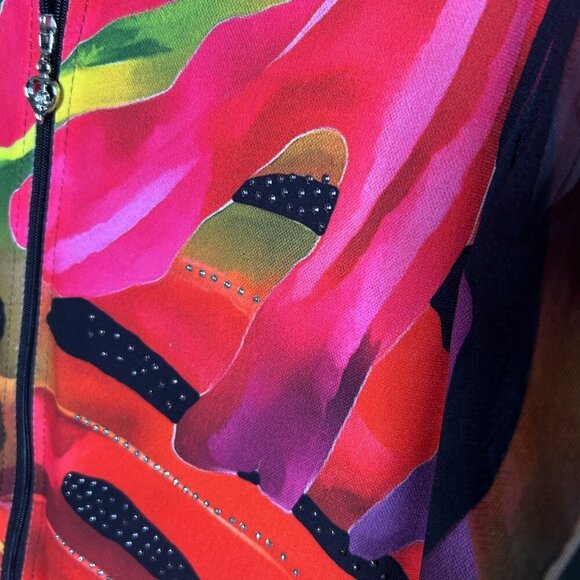 Valentina Colorful Leaf Design Full Zip Mesh Bling Top Jacket Size Medium - Picture 8 of 10